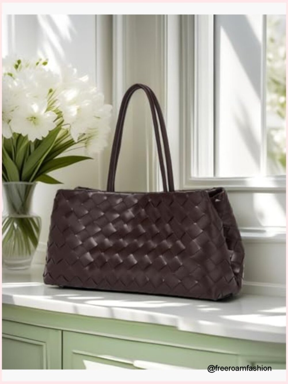 Vegan Leather Woven Tote Bag with Magnetic Snap Closure for Work Travel - Picture 3 of 6